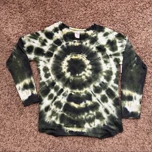 NEW Green Cream Tie Dye Long Sleeve Front Pouch Pocket Pullover Top 2XL